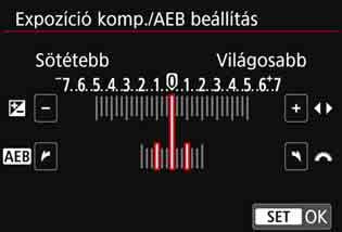 Normál expozíció Sötétebb kép (Csökkentett expozíció) Világosabb kép (Növelt expozíció) 160 AEB-tartomány 1 2 3 Válassza ki az [Exp. komp./aeb] lehetőséget. A [z2] lapon válassza ki az [Exp. komp./aeb] lehetőséget, majd nyomja meg a <0> gombot.