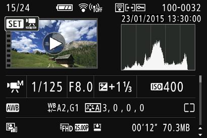 B: Fénykép-információ megjelenítése Példa a videoinformációk megjelenítésére Megjelenítés Rekesz Záridő Felvételi mód Videofelvétel mérete Képfrekvencia Videofájl mérete Felvételi idő, lejátszási idő