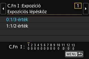 3 Egyedi funkciók beállításak Egyedi funkció száma 1 2 3 4 Válassza az [Egyedi funkciók(c.fn)] lehetőséget. A [54] lapon válassza ki az [Egyedi funkciók(c.fn)] parancsot, majd nyomja meg a <0> gombot.