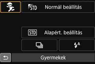 A <S> nyílgombok segítségével válassza ki a kívánt fényképezési mód ikonját. Forgassa el a <6> tárcsát a fényképezési mód kiválasztásához.
