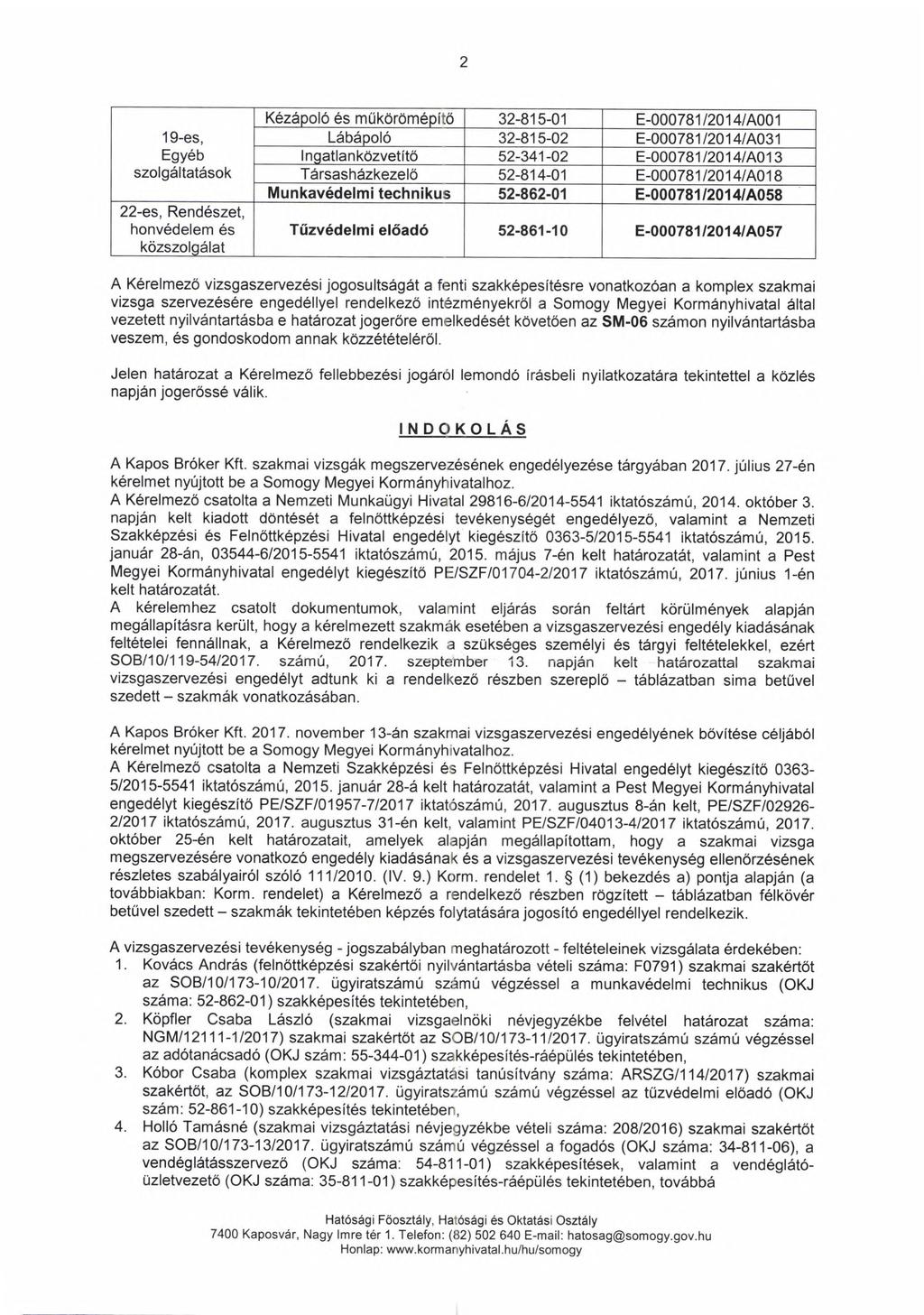 2 Kézápoló és müköröméoltö 32-815-01 E-000781/2014/A001 19-es, Lábápoló 32-815-02 E-000781/2014/A031 Egyéb Ingatlanközvetítő 52-341-02 E-000781/2014/A013 szolgáltatások Társasházkezelő 52-814-01