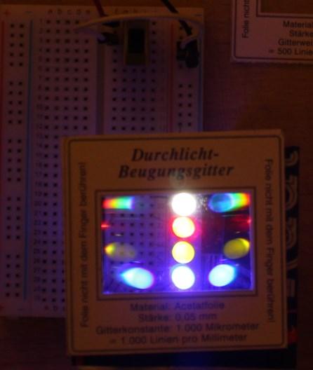 A LED-es kísérlet továbbfejlesztett változata az, ha különböző (fehér, piros, zöld és kék) LEDeket helyezünk egymás közelébe egy vonalba (megfelelő előtét ellenállással) és különböző rácsállandójú