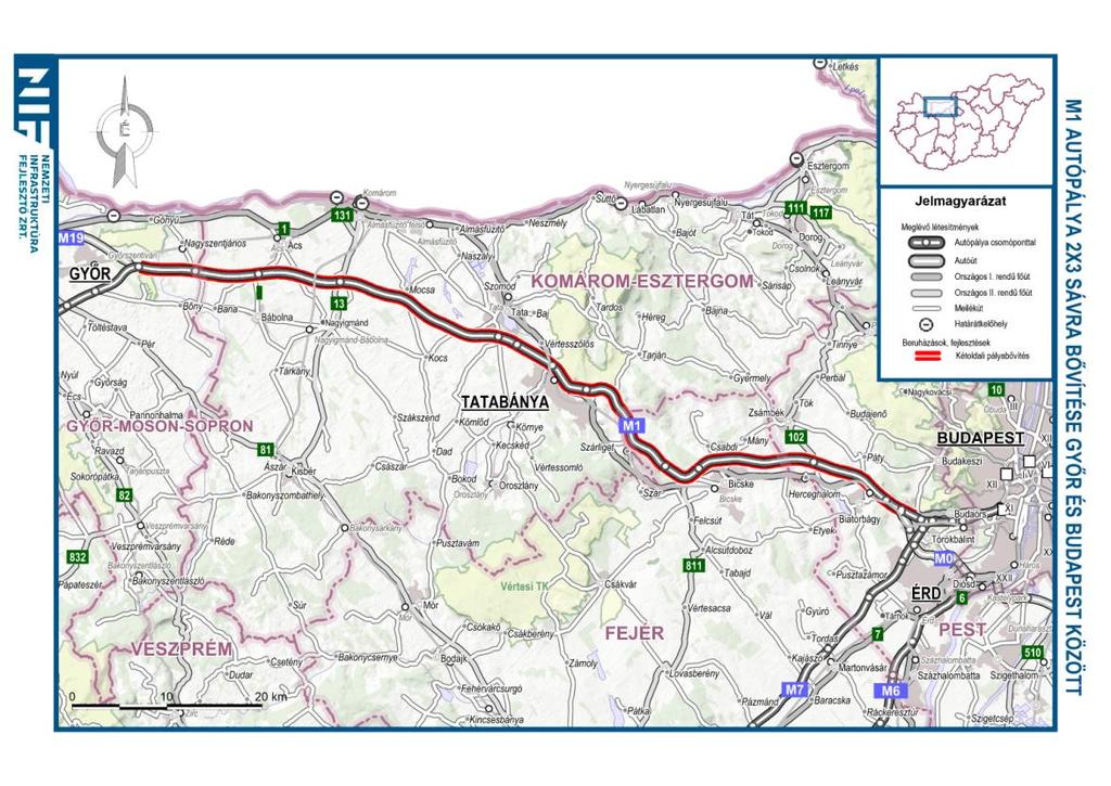 M1 (HU) M1 autópálya Budapest (M0) Győr (M19) szakasz 2x3 sávos autópályára bővítésének előkészítése A projekt műszaki tartalma: A szakaszoló pont: Tatabánya-Újváros csomópont.