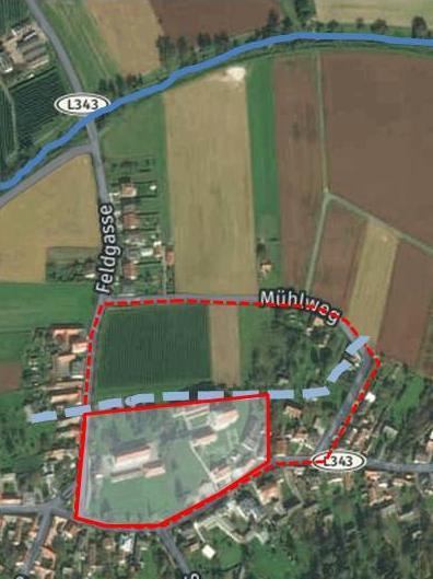 22. ábra: A borsmonostori kolostortáj kiterjedése napjainkban (saját szerkesztés, MAKSAY 1959, FERENCZI 2010, Google Earth) (szaggatott piros vonal: középkori kolostortáj kiterjedése /kolostorfal/,