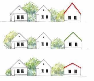 Az utcára merőleges gerincű épületek esetén ne építsünk a hagyományosnál szélesebb tömeget. Ne alkalmazzunk a hagyományosan kialakított tetőhajlásszögtől eltérőt!