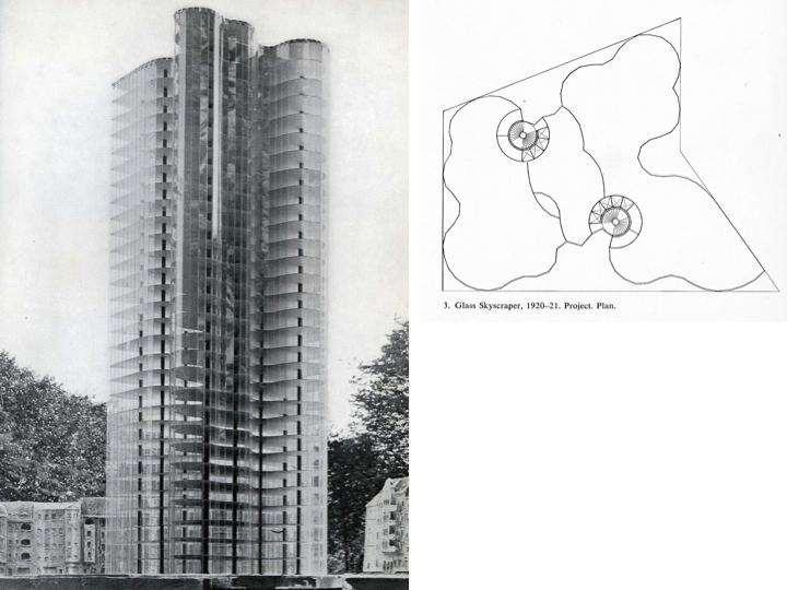 Üveg felhőkarcoló, Berlin, 1922 Mies van der Rohe (kerek változat) Dobai János