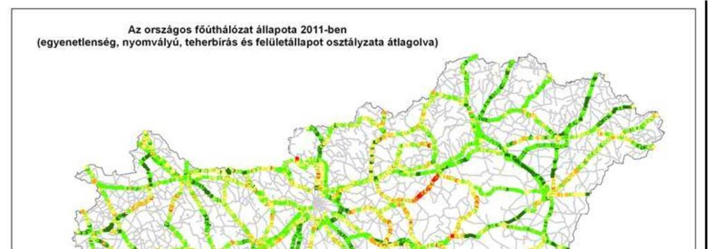 58. ábra Az országos főúthálózat összesített állapota, 2011 Forrás: MK A hidak állapotmutatóit számos jellemzőjük befolyásolja, ezek többek között a híd kora, az olvasztósó szórása, a
