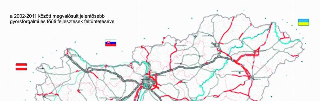 Közúti közlekedés A 67. ábrán a 2012. január 1-én működő országos közúthálózat főúthálózati elemei láthatók, az utóbbi 10 év jelentősebb fejlesztéseinek feltűntetésével. 67. ábra Az országos közúti főúthálózat 2012.