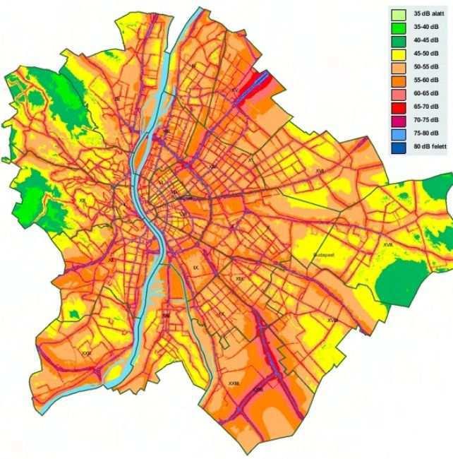 80. ábra Budapest nappali közúti zajtérképe (2009) Forrás: Főpolgármesteri Hivatal 81.