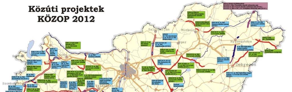 97. ábra A NIF KÖZOP-os további közúti projektjei területi elhelyezkedésük szerint (2012) Forrás: NIF A 4 és 5 számjegyű mellékúthálózatot erősítették és fejlesztették az utóbbi években a Regionális