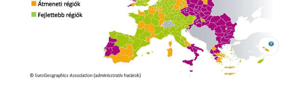 Az EU a régió forrásra való jogosultságát azok fejlettségi (EU GDP/fő átlagához viszonyított) szintje szerint határozza meg. Az európai régiók ilyen értelmű besorolását mutatja be a 98. ábra.