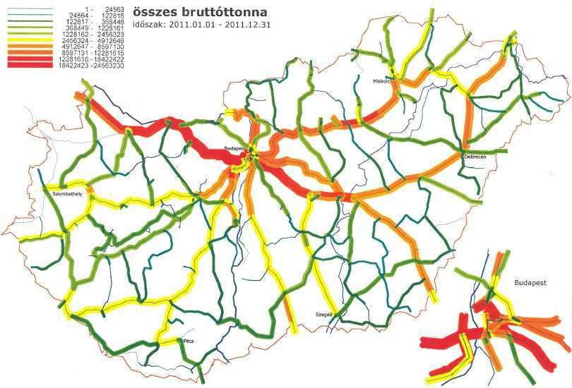 48. ábra Összes bruttótonna forgalom a MÁV vonalain 2011-ben Forrás: MÁV 49. ábra A tehergépkocsik modellezett forgalomnagysága a hazai közúthálózaton, 2008.