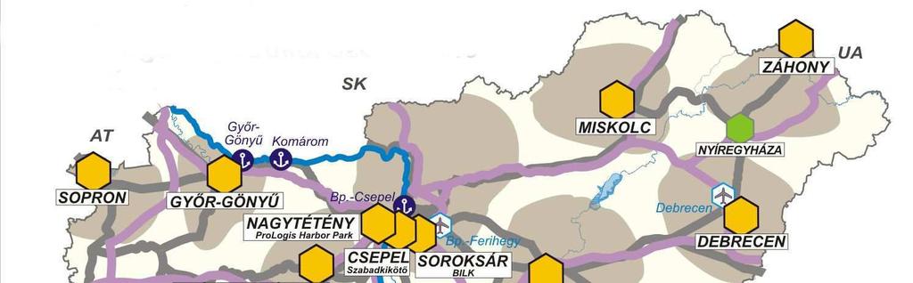 50. ábra Logisztikai szolgáltató központok Magyarországon, 2012. Forrás: KTI A legnagyobb forgalmat bonyolító hazai intermodális, logisztikai központoknak (pl.