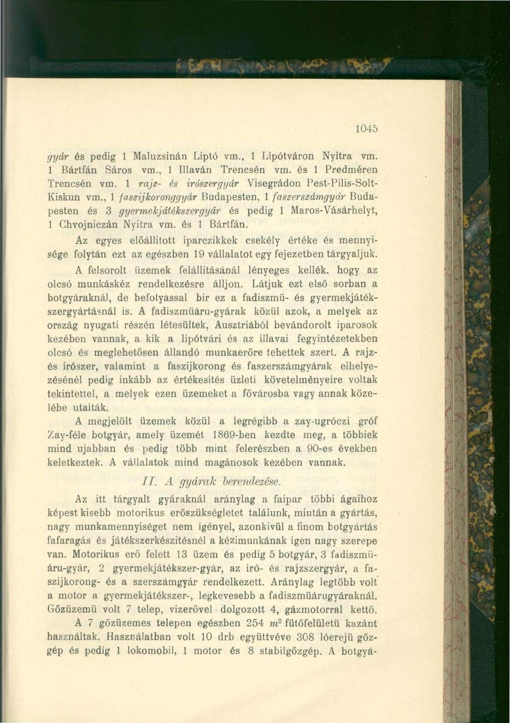 1045 gyár és pedig 1 Maluzsinán Liptó vm., 1 Lipótváron Nyitra vm. 1 Bártfán Sáros vm., 1 Illaván Trencsén vm. és 1 Predméren Trencsén vm. 1 rajz- és irószergyár Visegrádon Pest-Pilis-Solt- Kiskun vm.