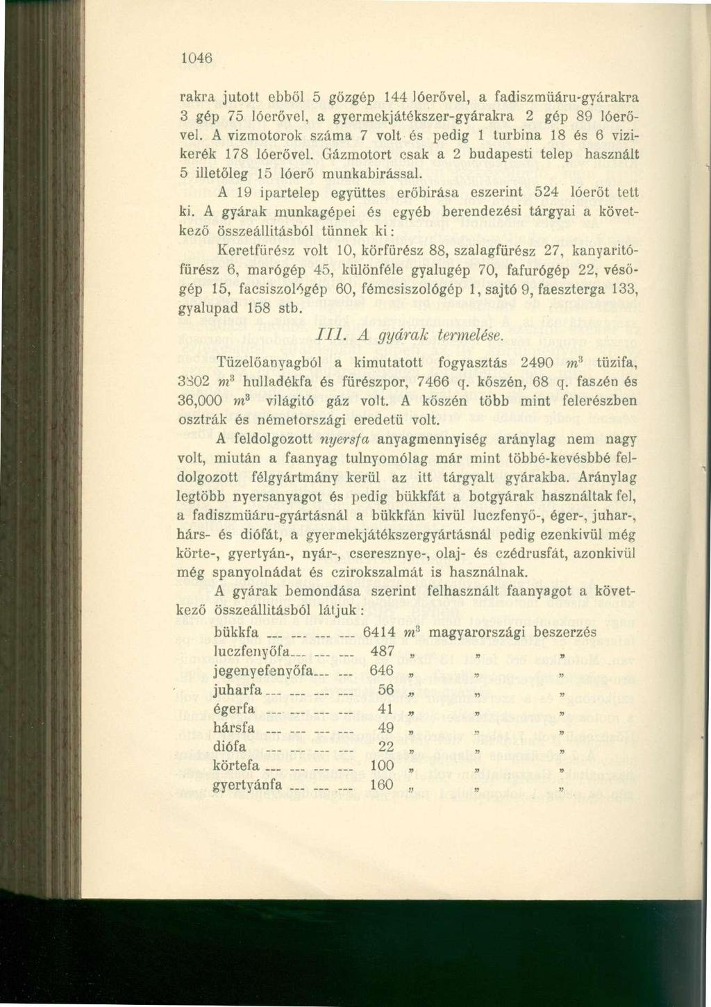 1046 rákra jutott ebből 5 gőzgép 144 lóerővel, a fadiszmüáru-gyárakra 3 gép 75 lóerővel, a gyermekjátékszer-gyárakra 2 gép 89 lóerővel.