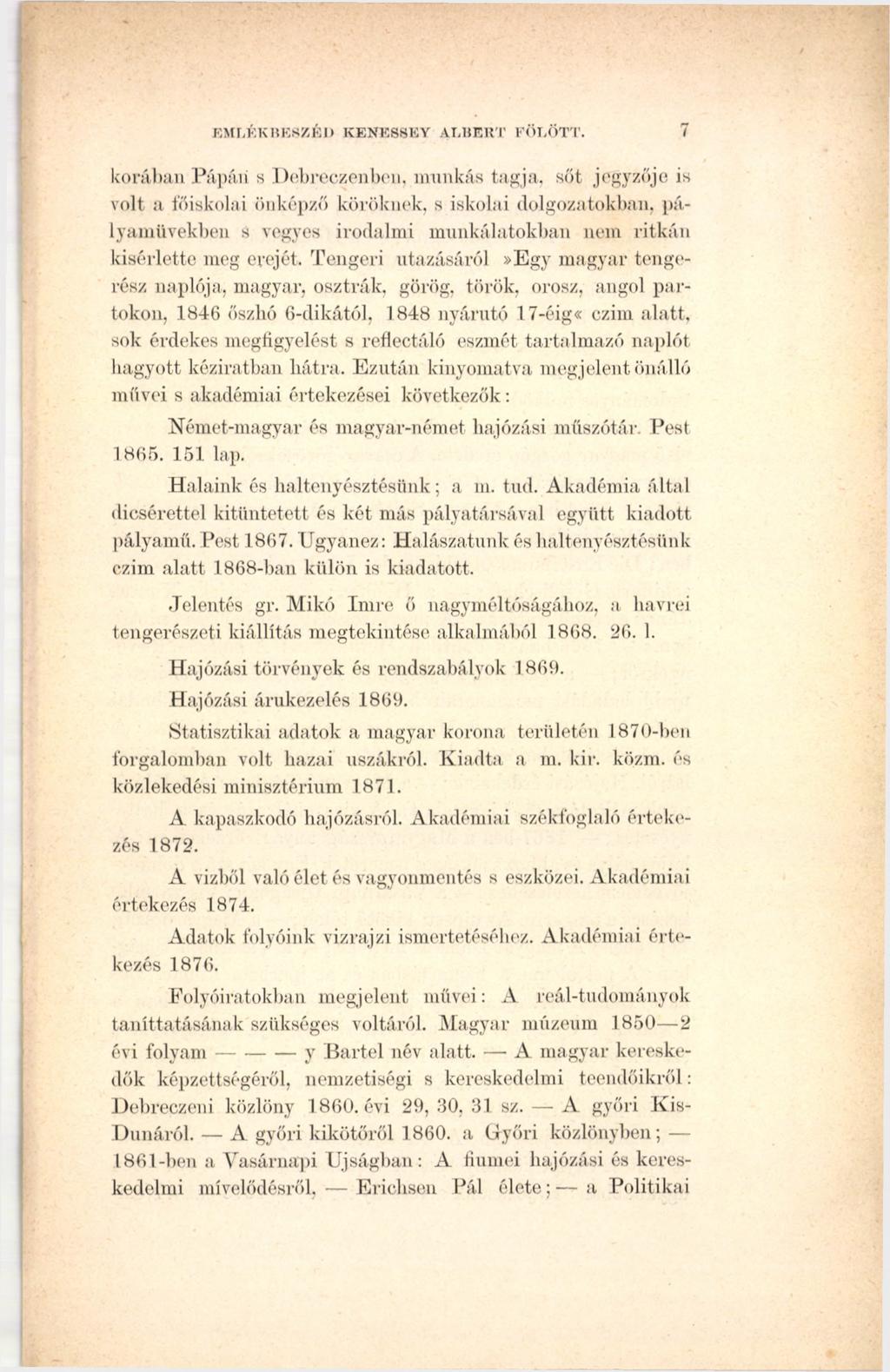 EMLÉK RÉSZÉI) KENESSEY ALBERT FÖLÖTT.