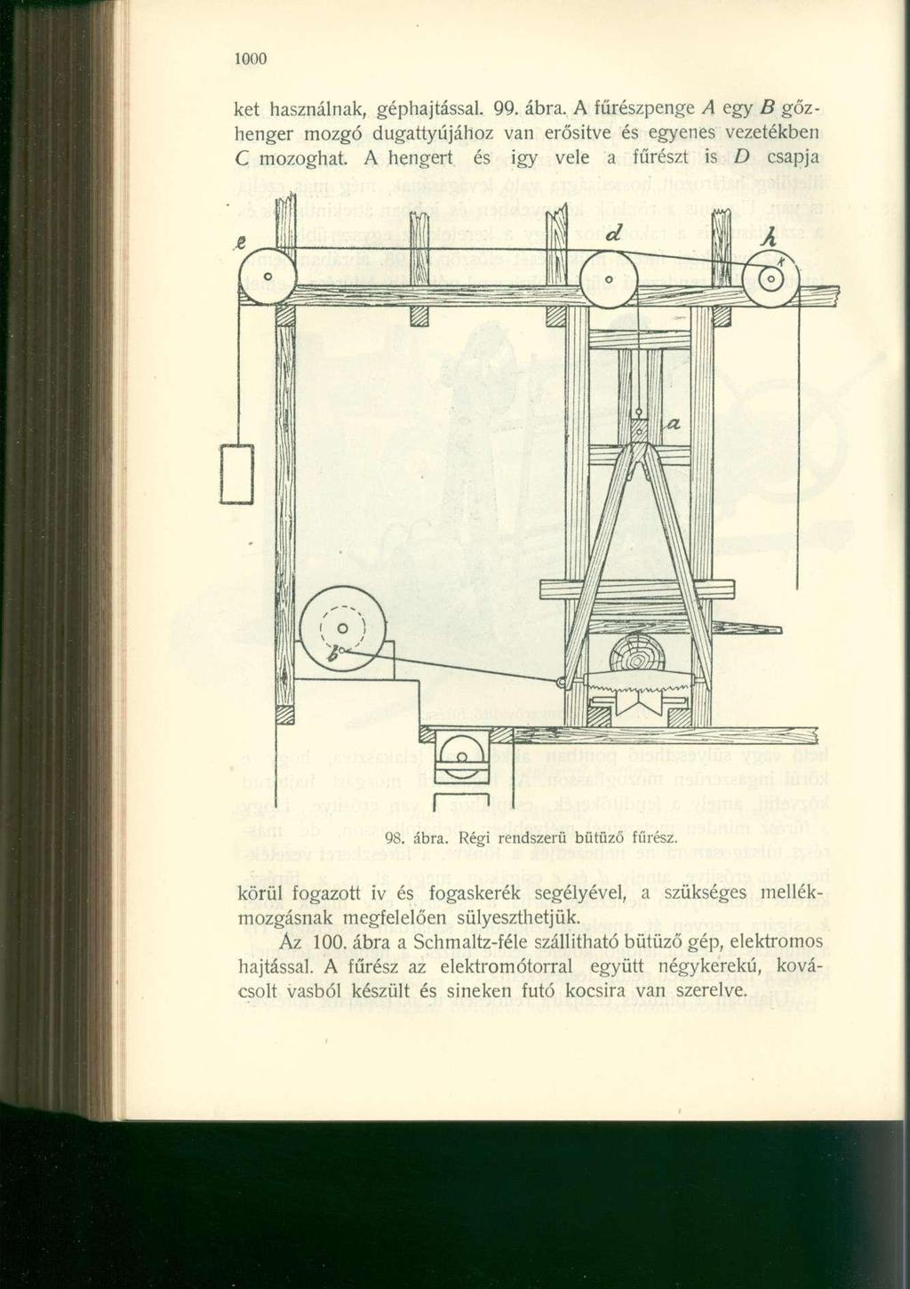1000 ket használnak, géphajtással. 99. ábra. A fűrészpenge A egy B gőzhenger mozgó dugattyújához van erősítve és egyenes vezetékben C mozoghat. A hengert és igy vele a fűrészt is D csapja 98. ábra. Régi rendszerű bütüző fűrész.