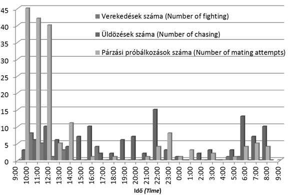 Előfordulások száma (Occurrence of observations) 2. ábra: Az anyanyulak közötti interakciók számának alakulása az első nap folyamán Figure 2: Number of interactions between rabbit does on day 1 5.