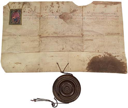 54 Központi Antikvárium 143., 144. tétel 143. (Habsburg) I. Lipót (1641-1705) német-római császár és magyar király saját kezű aláírásával ellátott, latin nyelvű címereslevele.