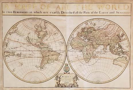 70 Központi Antikvárium Térképek 186. A Mapp of all the World. London, 1680. William Berry ritka, színezett, rézmetszetű világtérképe, amely önálló lapként jelent meg, 2 külön ívre nyomtatva.