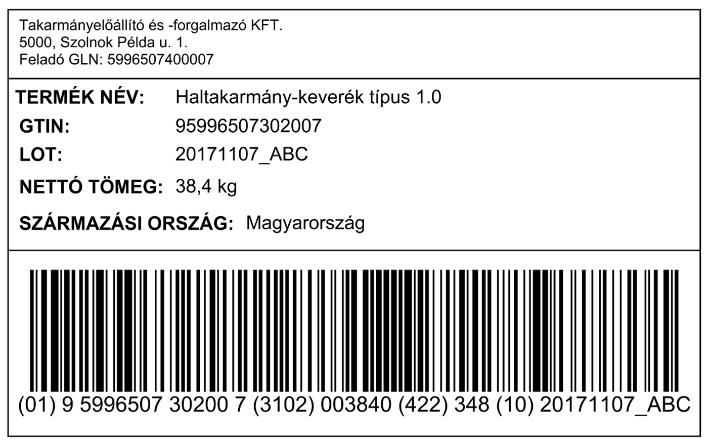 ország (AI (422)) feltüntetése GS1-128 vonalkóddal, zsákos kiszerelésre alkalmazható címke. II. 6-3.