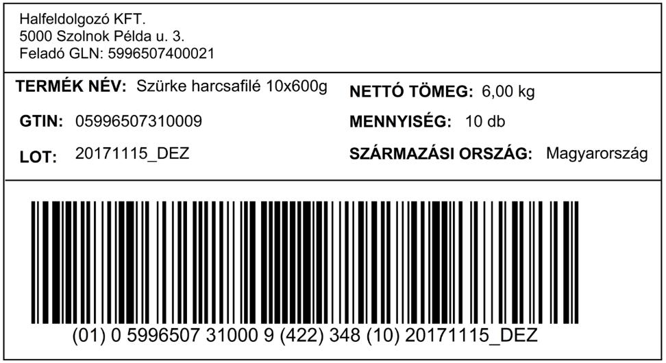 6-11. ábra A III. példában azonosított gyűjtőkarton jelölése történhet GS1-128 típusú vonalkóddal is. 6.1.4 Nagy- és kiskereskedelem Idetartoznak: Az olyan élelmiszer-vállalkozók, akik előre