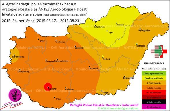 Az adott hétre jellemző országos aerobiológiai helyzetkép térképes becslését az Országos