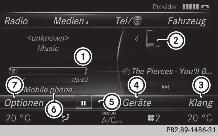 102 Bluetooth Audio üzemmód Bluetooth Audio üzemmód bekapcsolása Alapkijelzés X Medien (Adathordozók) kiválasztása: Tolja el a kontrollert 5 irányba, majd nyomja meg.