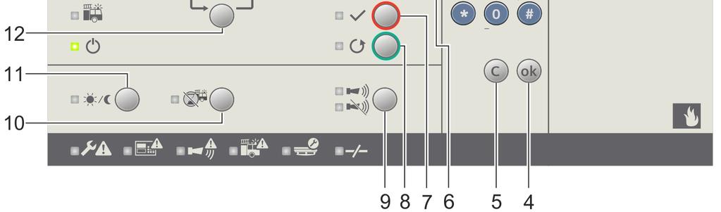 kezelő egység elektronikai részegységei opcionális kiegészítők: Kulcsos kapcsoló (standard vagy Nordic) LED-es megjelenítő (16 zóna) Evakuációs modul (NL) No Megnevezés 1 Navigációs gomb 2 Menü gomb