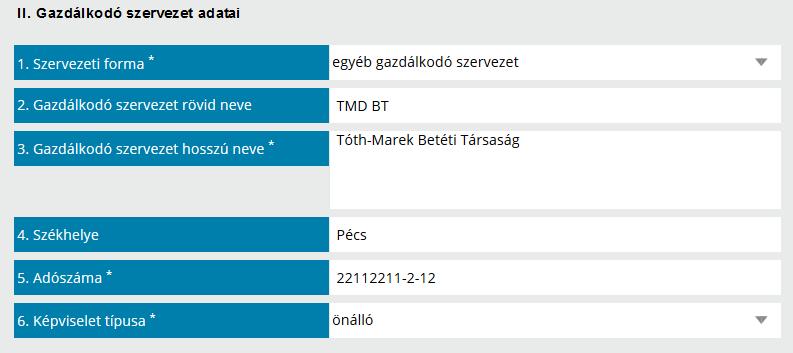 kitölteni, ha a szervezetnek van rövid neve; Gazdálkodó szervezet hosszú neve: a szervezet hivatalos neve, karakterpontosan szükséges megadni a hivatalos iratokkal megegyezően (a cég típusát is ki