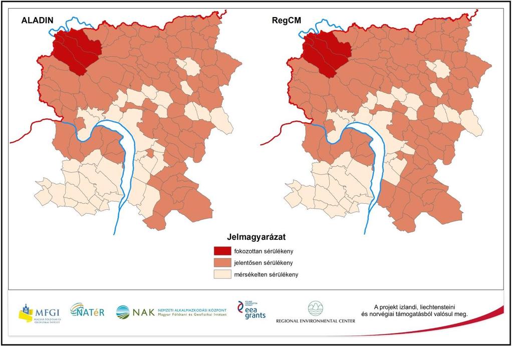 27. ábra: Települések ivóvízellátásának sérülékenysége az ALADIN-Climate (bal) és a RegCM (jobb) modell adatai alapján a 2021 2050 közötti időszakban, a DMRV működési területén Forrás: Magyar