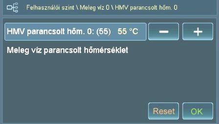 7.5 Meleg víz parancsolt hőmérséklet megváltoztatása BS-07-05-00-00-01-BAHU A meleg víz menüben a meleg víz kívánt hőmérsékletét lehet megváltoztatni.