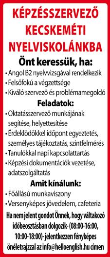 : +36 30 540 0466 KECSKEMÉTI munkahelyre CO hegesztőket keresünk nettó 1200-1600 Ft/órabér plusz egyéb juttatások. +36 70 329 7554 SEGÉDMUNKÁST keresünk kecskeméti munkahelyre.