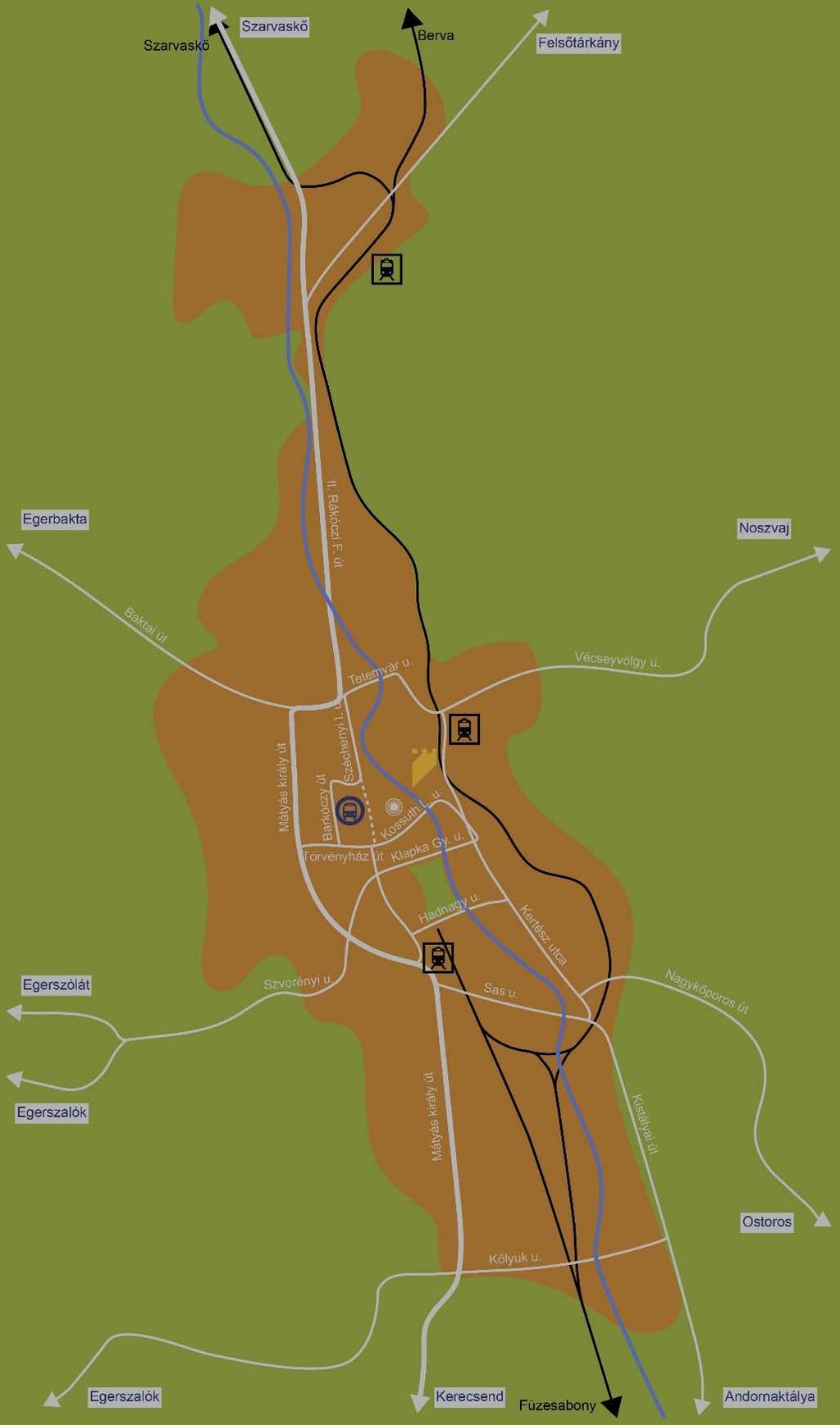 19. ábra: Eger településszerkezete A városközpont szerves fejlődésének vége az 1800 as évek utolsó időszakára tehető. Ezt követően, a XX.