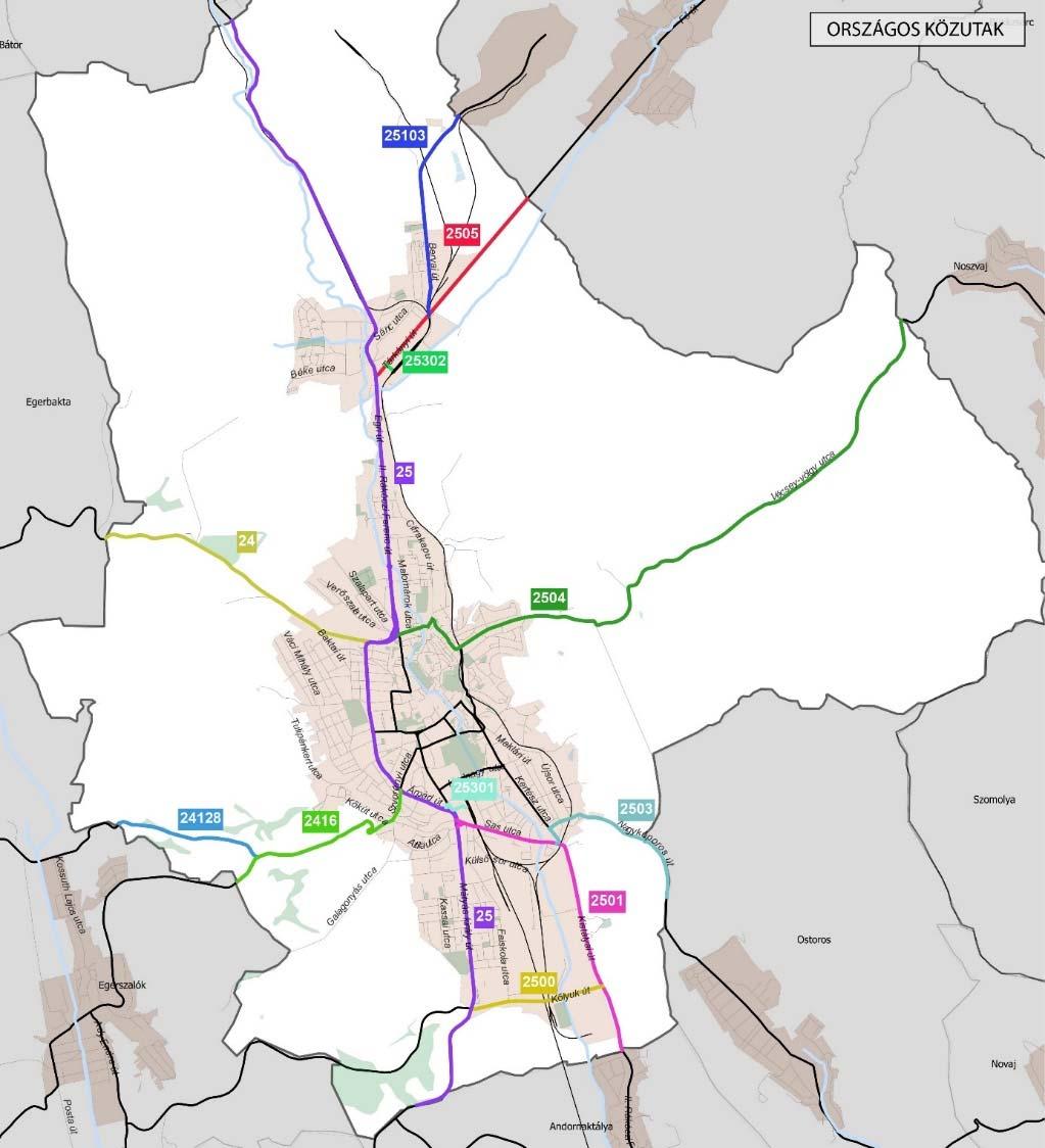 58. ábra: Országos közutak Eger területén (forrás: KIRA adatbázis, készült OpenStreetMap adatok felhasználásával) A környező településekkel a következő további összekötő utak teremtenek kapcsolatot