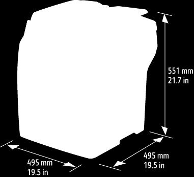 Műszaki adatok Fizikai adatok Súly és méret Alapkonfiguráció Konfiguráció három darab külön beszerezhető 550 lapos adagolóval Szélesség 495 mm (19,5") 495 mm (19,5") Mélység