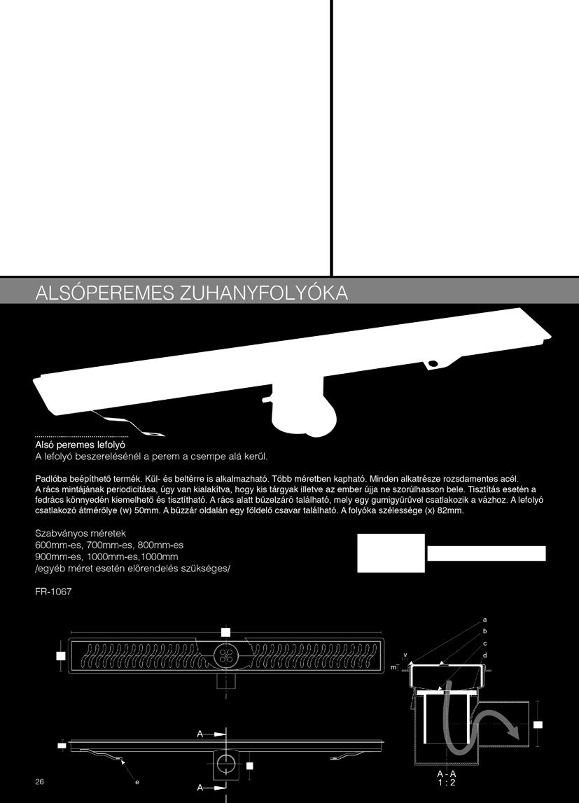 A rács alatt bűzelzáró található, mely egy gumigyűrűvel csatlakozik a vázhoz. A lefolyó csatlakozó átmérőlye (w) 50mm.