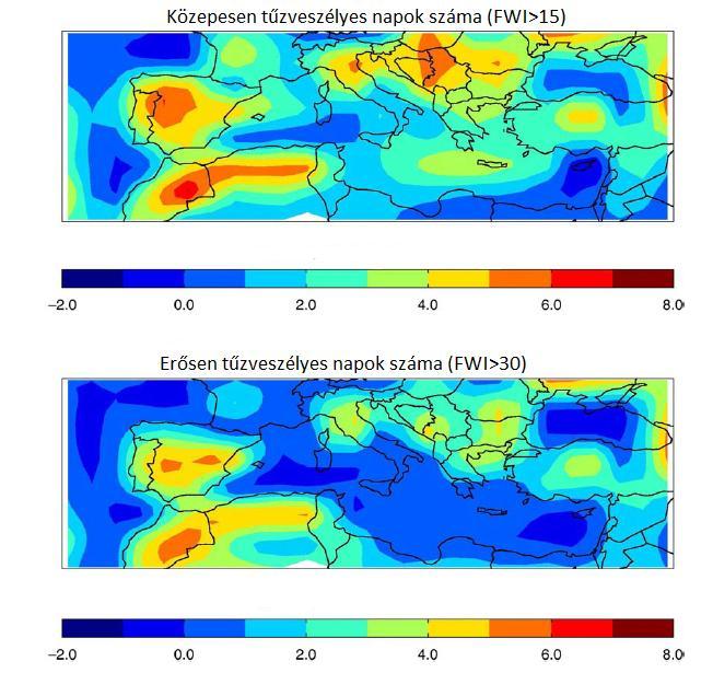 19. ábra - Várható változások (2031-2060) a közepesen tűzveszélyes (felső) és az erősen tűzveszélyes (alsó) napok számában, referencia időszak:1961-1990 (Giannakopoulos et al., 2009) 5.