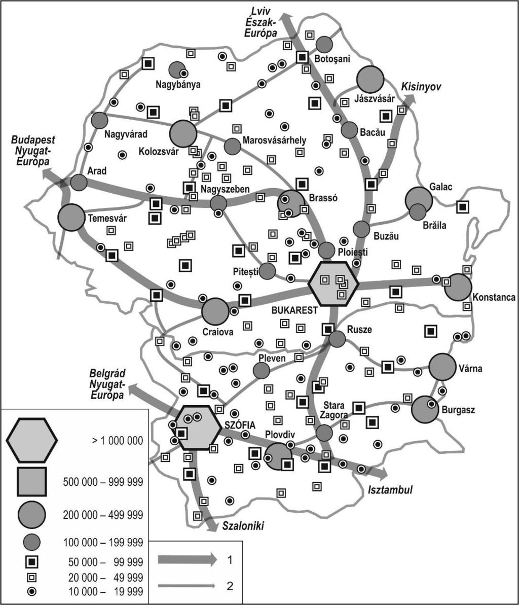 8. ábra: A Kelet-Balkán városállománya és térszerkezete, 2011 Jelmagyarázat: 1 A térségen kívülre irányuló, nemzetközi jelentőségű térszerkezeti vonal; 2 A Kelet-Balkánon belüli, országközi, országos