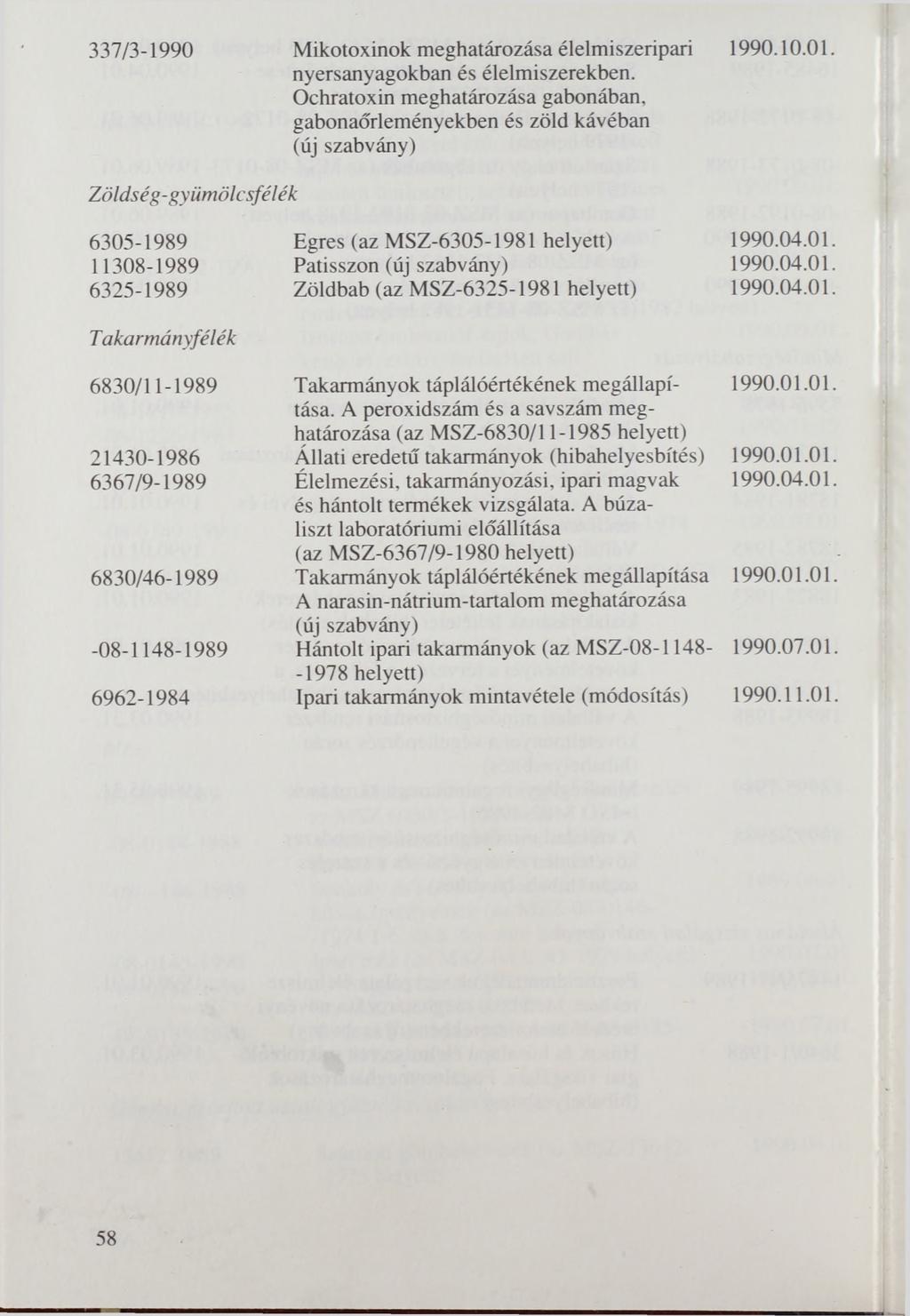 337/3-1990 Mikotoxinok meghatározása élelmiszeripari nyersanyagokban és élelmiszerekben. Ochratoxin meghatározása gabonában, gabonaőrleményekben és zöld kávéban 1990.10.01.