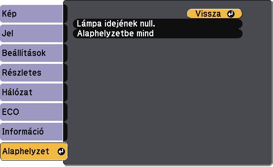 Kivetítő-visszállítási opciók - Alphelyzet menü 115 A kivetítő beállításink többségét visszállíthtj lpértelmezett értékre z Alphelyzet menü hsználtávl.