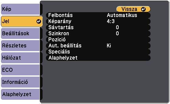 A bemeneti jel beállítási - Jel menü 99 A kivetítő rendszerint utomtikusn észleli és optimlizálj bemeneti jeleket. H testre szeretné szbni beállításokt, ezt Jel menüben teheti meg.