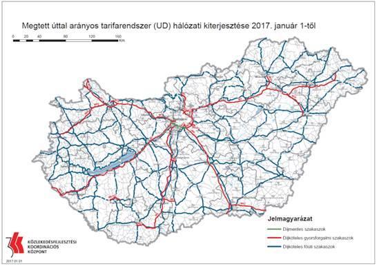11. ábra: Megtett úttal arányos tarifarendszer díjszedési rendszerben érvényes díjköteles hálózat 2017-ben (forrás: KKK) A3 - A városi áruszállítás ésszerűsítése city logisztika A városi áruszállítás