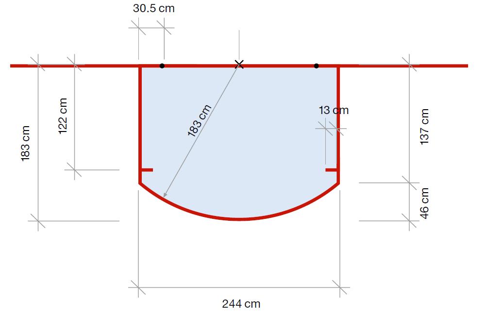 vii. 5. Az alapvonal és a kapuelőtér oldalait határoló szakaszokat összekötő körív távolsága 183 cm (6 ), beleszámítva az alapvonal és az kapuelőteret határoló körív vonalának vastagságát is.