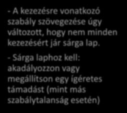 12. Szabály Szabálytalanságok és sportszerűtlen viselkedés - A kezezésre vonatkozó szabály szövegezése úgy változott, hogy nem