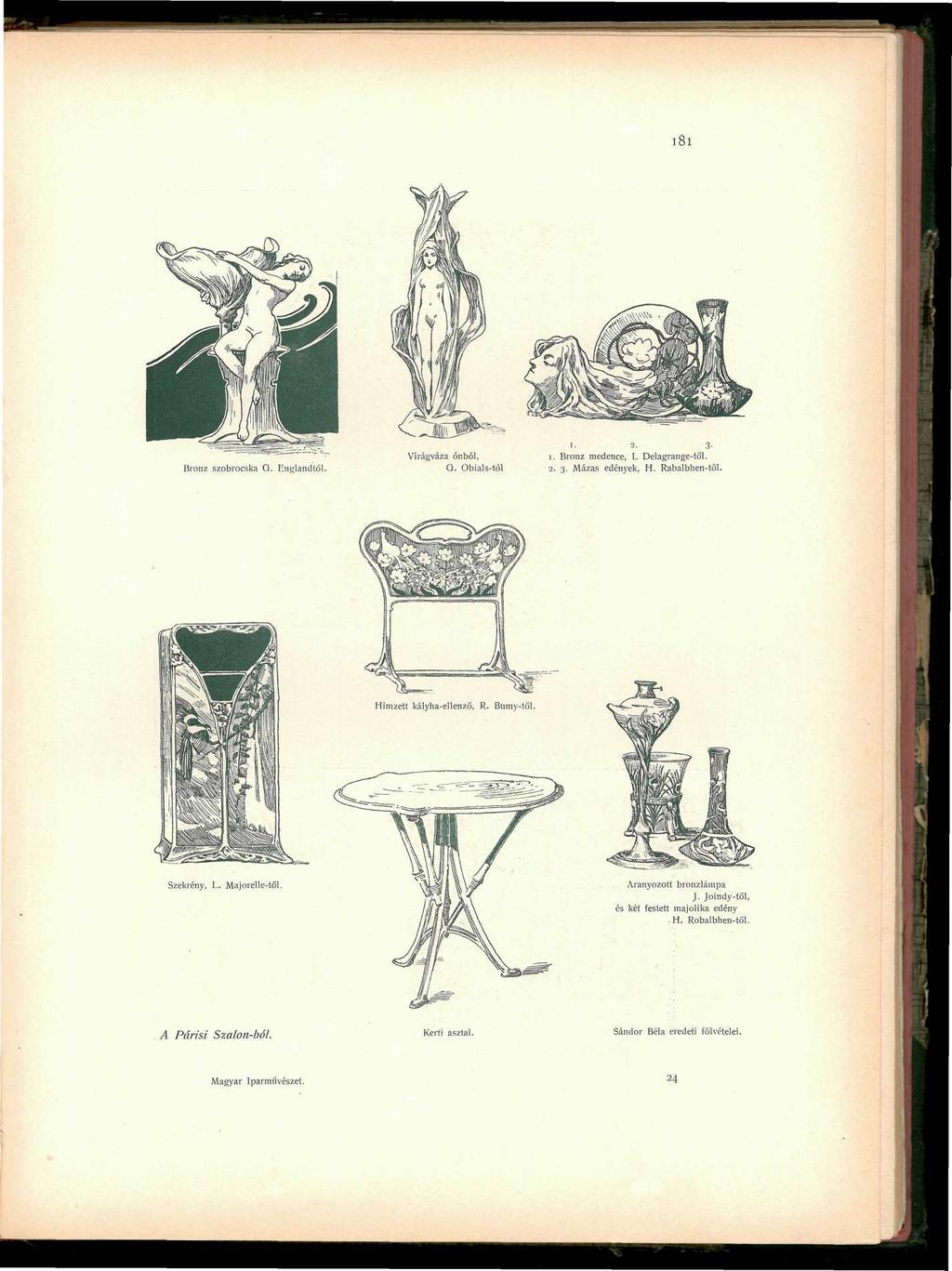 Bronz szobrocska G. Englandtól. Virágváza ónból, G. Obials-tól 1. 2. 3. 1. Bronz medence, L Delagrange-től. 2. 3. Mázas edények, H. Rabalbhen-tol. Hímzett kályha-ellenző, R. Bumy-től.