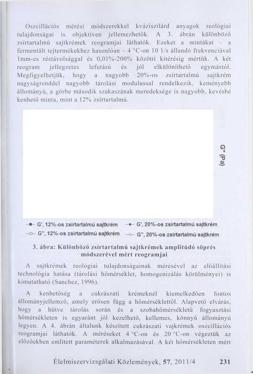 Oszcillációs mérési módszerekkel kváziszilárd anyagok reológiai tulajdonságai is objektiven jellemezhetők. A 3. ábrán különböző zsírtartalmú sajtkrémek reogramjai láthatók.