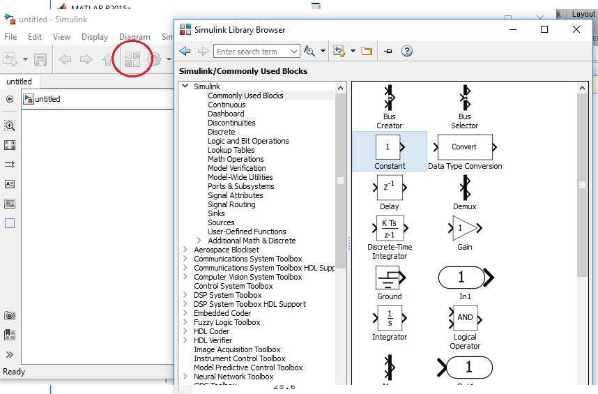 14. ábra Simulink Library Browser Az alábbi modellt hozzuk létre: 15. ábra Simulink modell Ehhez az alábbi blokkokra van szükség: Sources/Step: egységugrás bemenet.