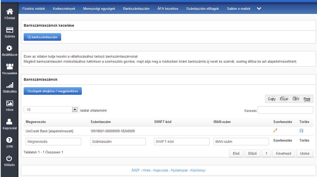 Bankszámlaszámok A Bankszámlaszám oldalon tudja kezelni a vállalkozásához tartozó bankszámlaszámokat.