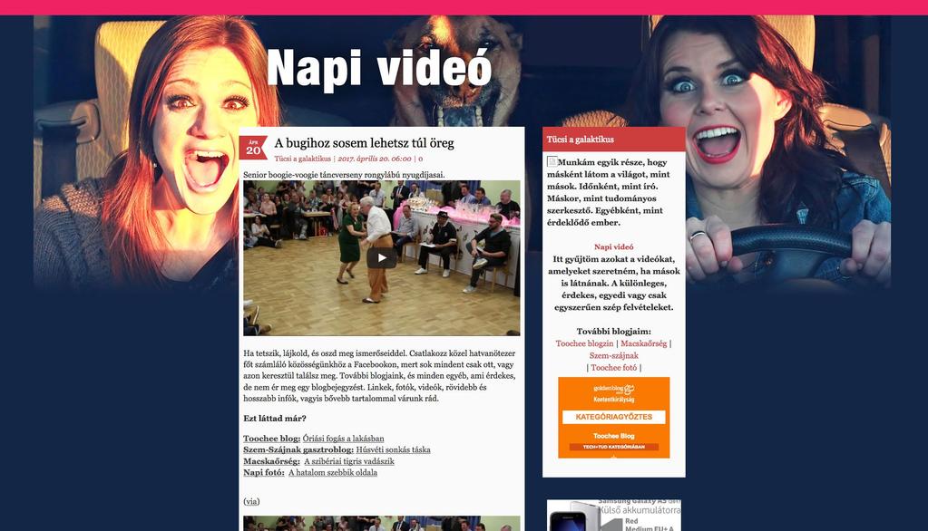 NAPIVIDEO - TUDOMÁNY Napi-videó blog a Toochee blog önálló életre kelt kistestvére. Nevéből adódóan a blogban kizárólag csak videók kerülnek a posztokba.